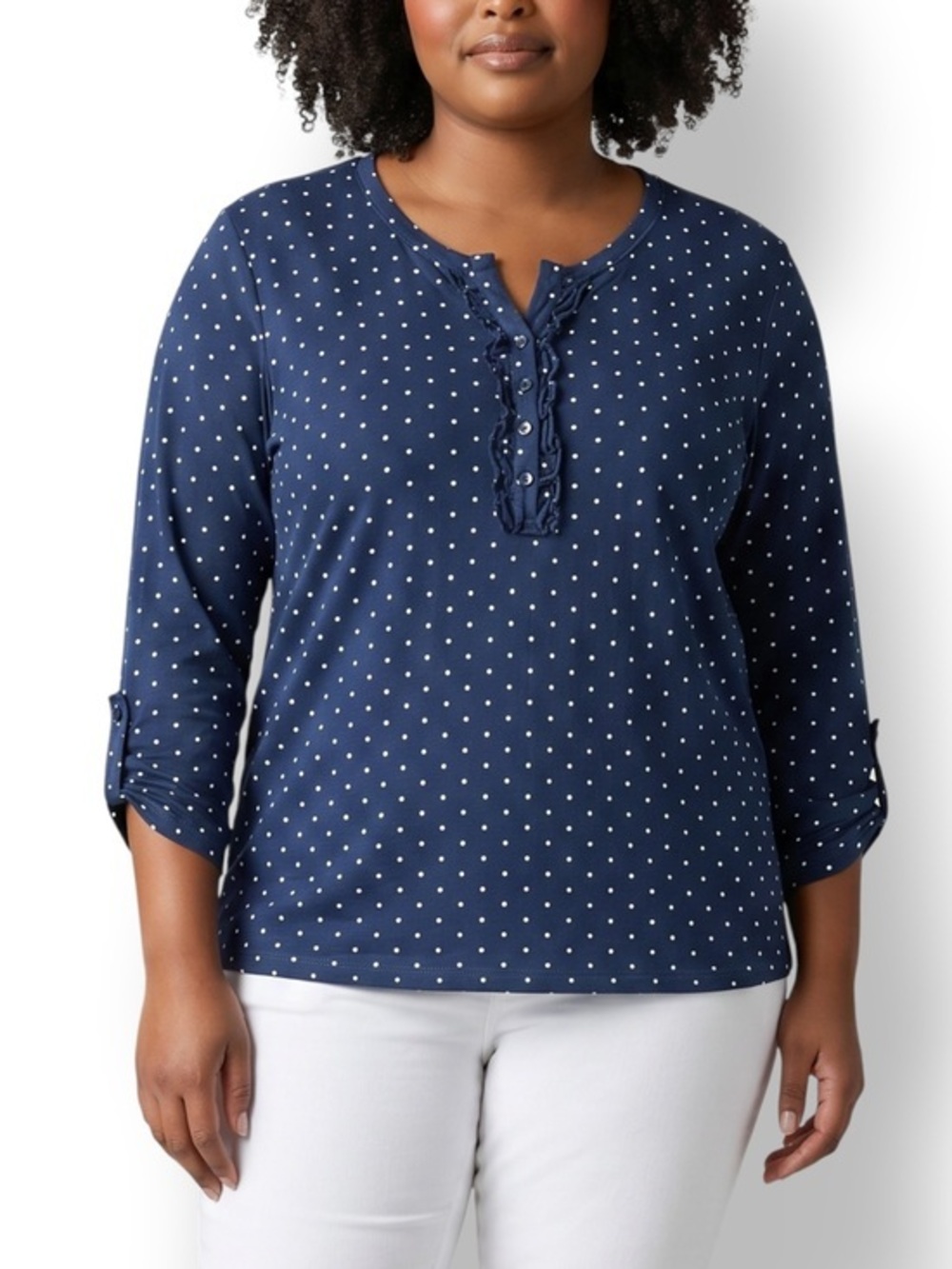 4/$20 Basic Editions XL Navy Blue Polka Dot Cotton Henley Long Sleeve Top